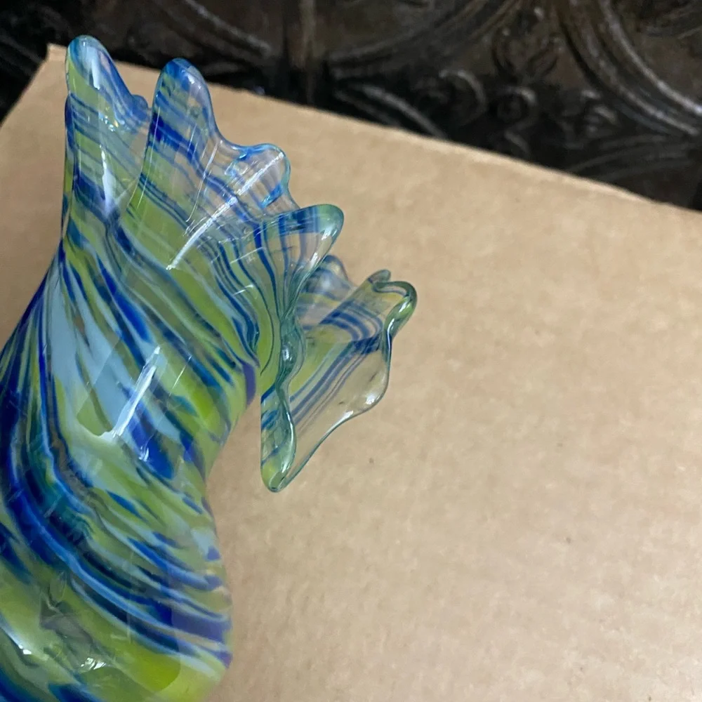Blue Green swirl‎ ruffle top glass vase